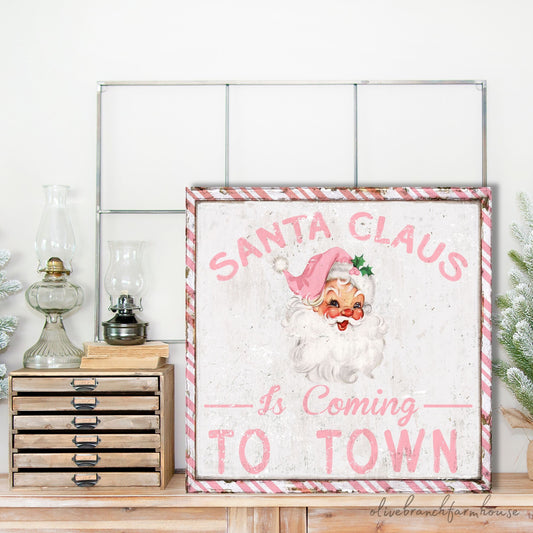 christmas canvas art, Santa Claus is coming to town in pink and white
