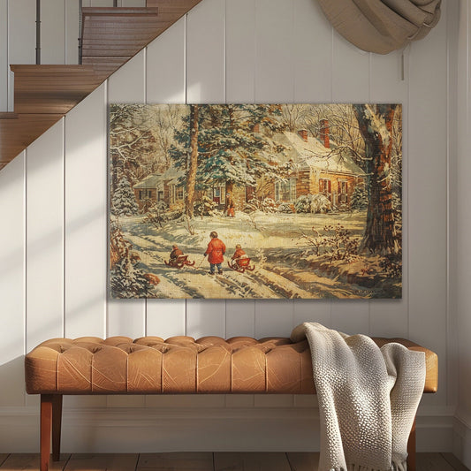 canvas sign with a retro design of 1950s kids sledding in their neighborhood