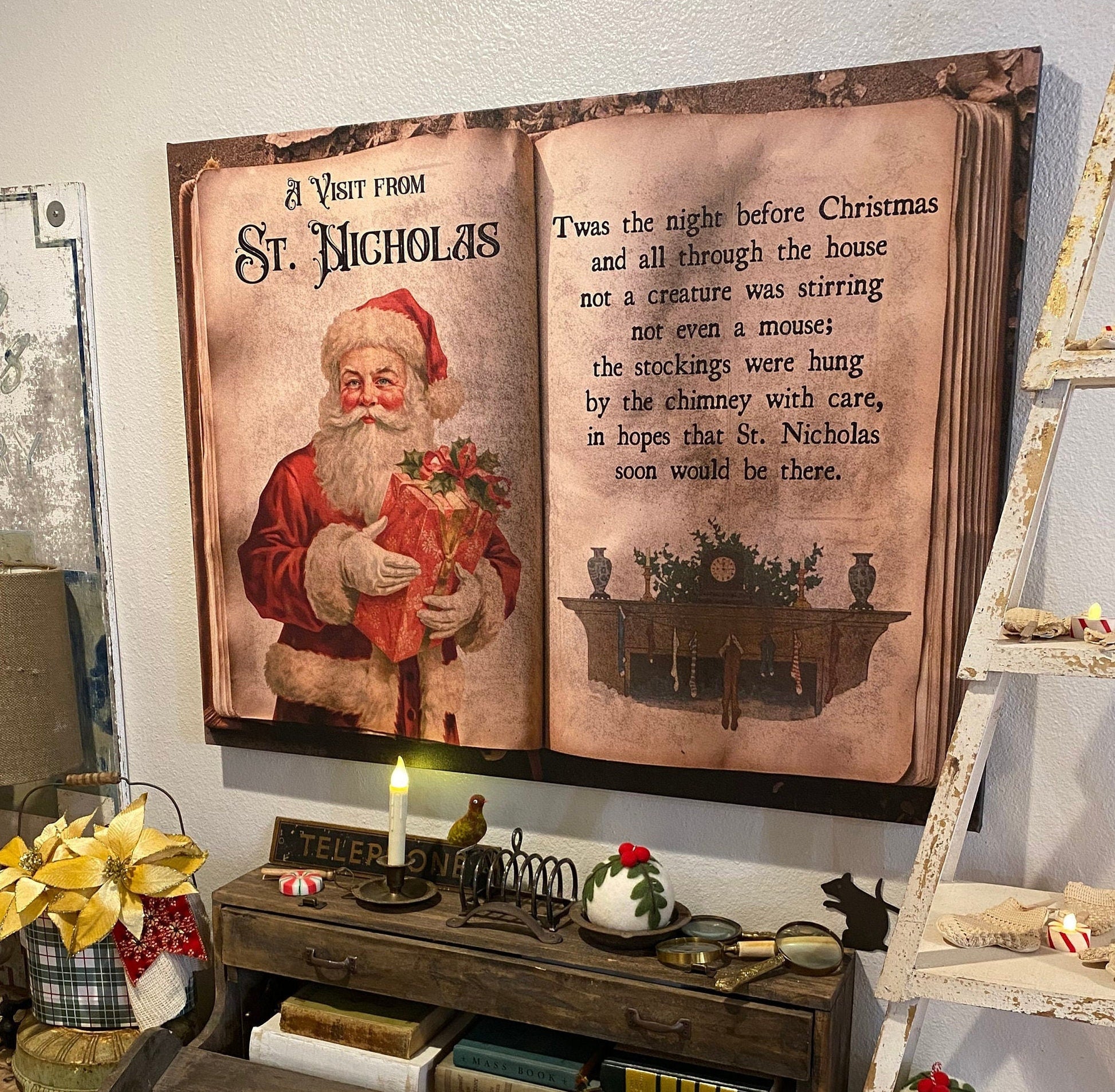 A Visit from St Nicholas canvas sign, Twas the night before Christmas vintage holiday wall art