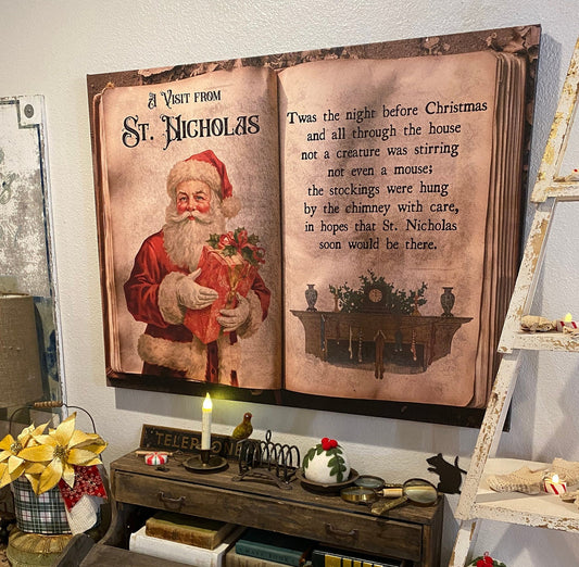 A Visit from St Nicholas canvas sign, Twas the night before Christmas vintage holiday wall art