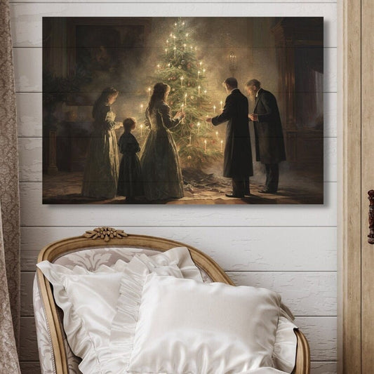 Victorian family gathered around a candlelit tree on canvas