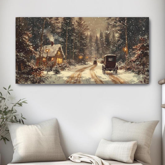 holiday drive canvas sign, old cars driving through the snow