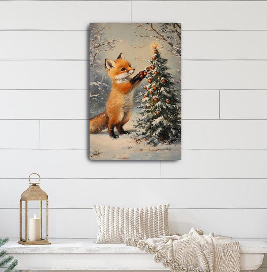 cute little red fox adding acorn ornamentsto his christms tree canvas art