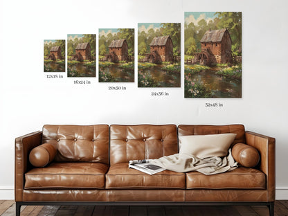 Rustic Gristmill Canvas Wall Art Countryside Creek Painting Nature Canvas Vintage Mill Old Watermill Scenic Landscape Woodland Rural Artwork