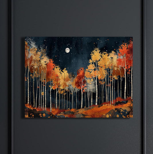 Fall Art, Autumn Forest Moon Canvas Wall Art, Night Sky Landscape, Fall Foliage Art, Fall Decor, Full Moon Painting, Woodland Scene