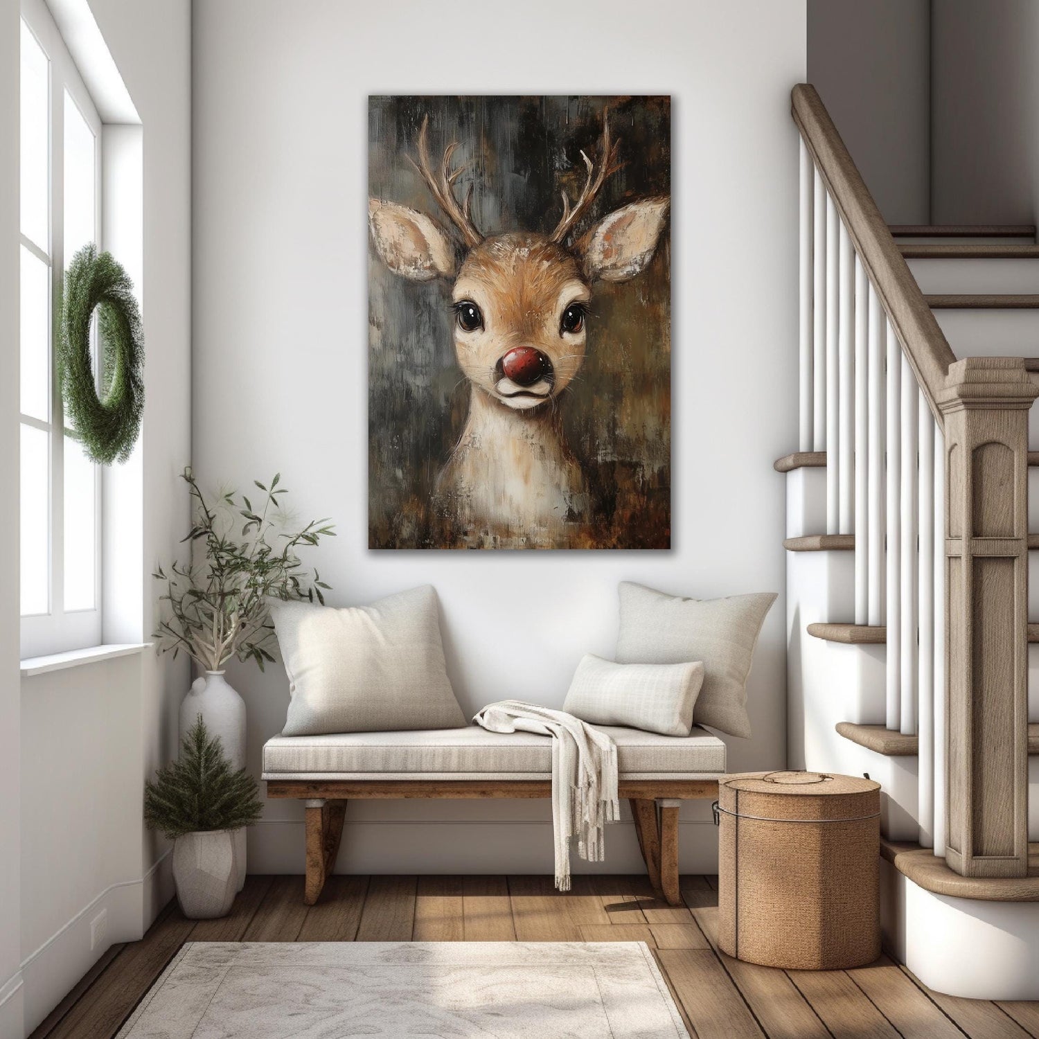 rustic red nosed reindeer on canvas