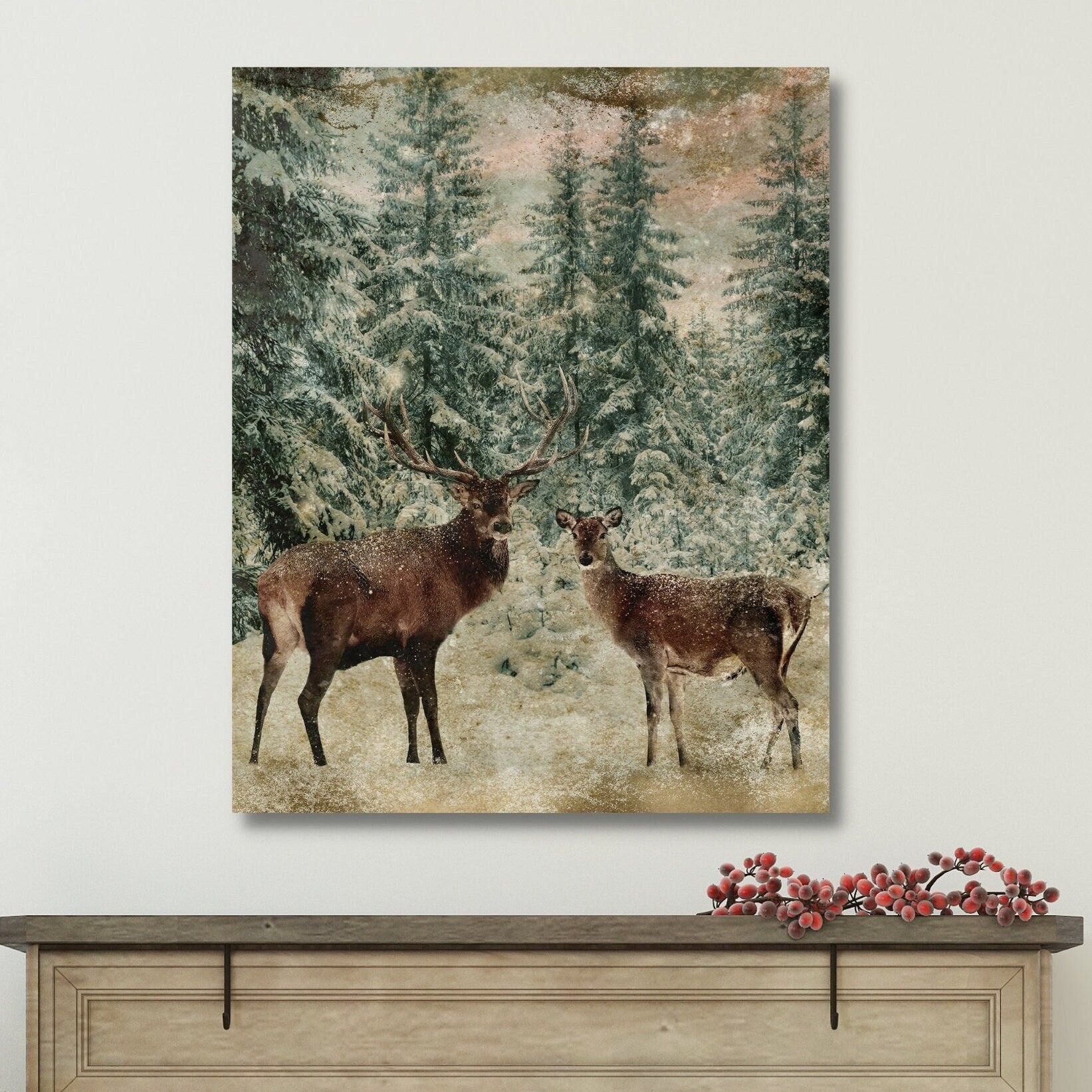 2 deer standing in the clearing of a forest on canvas