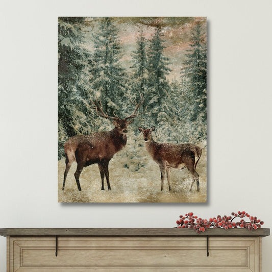 2 deer standing in the clearing of a forest on canvas