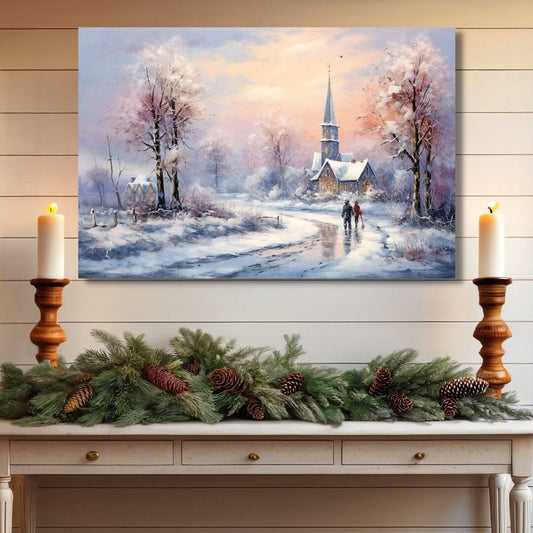 pastel landscape of a snowy christmas eve at sunset with a couple walking to church