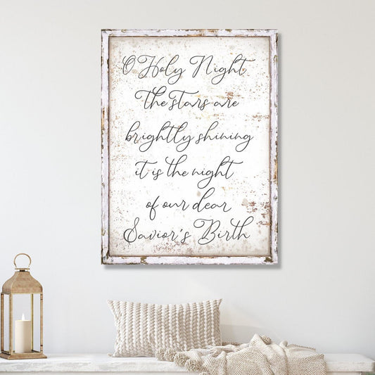 oh holy night in script on a canvas sign with a faux wooden frame