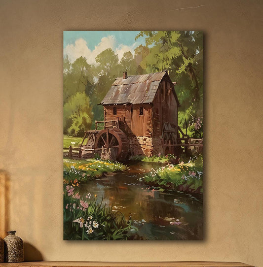 Rustic Gristmill Canvas Wall Art Countryside Creek Painting Nature Canvas Vintage Mill Old Watermill Scenic Landscape Woodland Rural Artwork