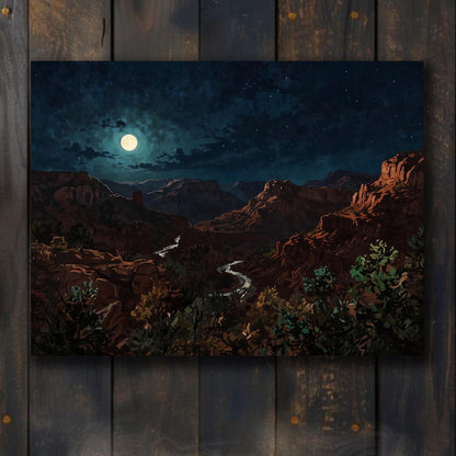 Moonlit Desert Canvas Wall Art Nighttime Landscape Southwest Decor Canyon Painting Full Moon Scene Nature Landscape Print Western Mountains