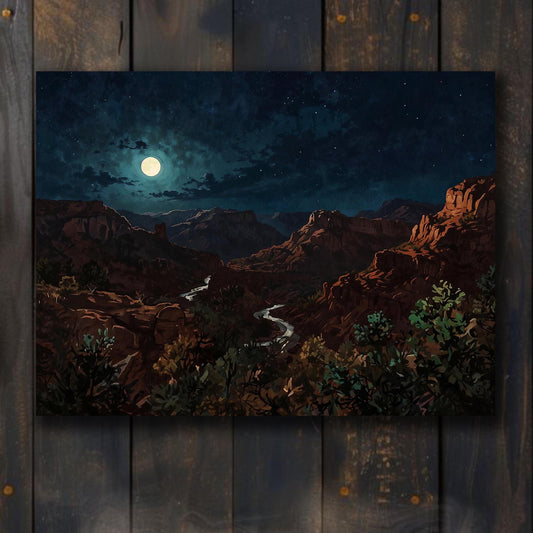 Moonlit Desert Canvas Wall Art Nighttime Landscape Southwest Decor Canyon Painting Full Moon Scene Nature Landscape Print Western Mountains