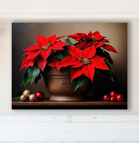 Poinsettia Christmas Canvas Wall Art Flower Print Holiday Decor Red Painting Festive Floral Christmas Seasonal Classic Holiday Ornaments