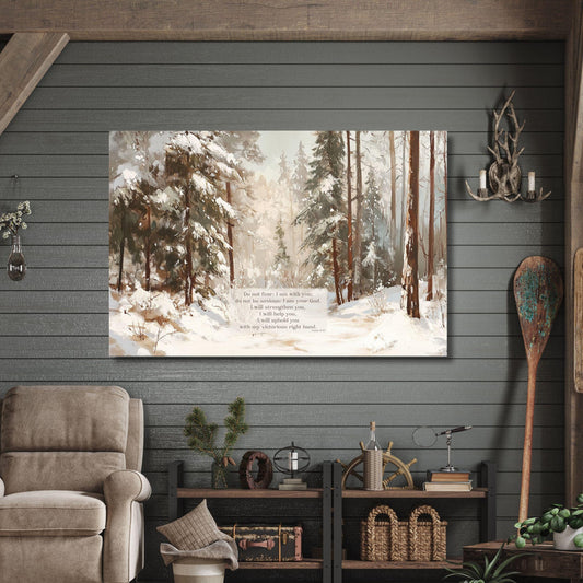 snowy landscape on canvas with Bible verse Isaiah 41:10