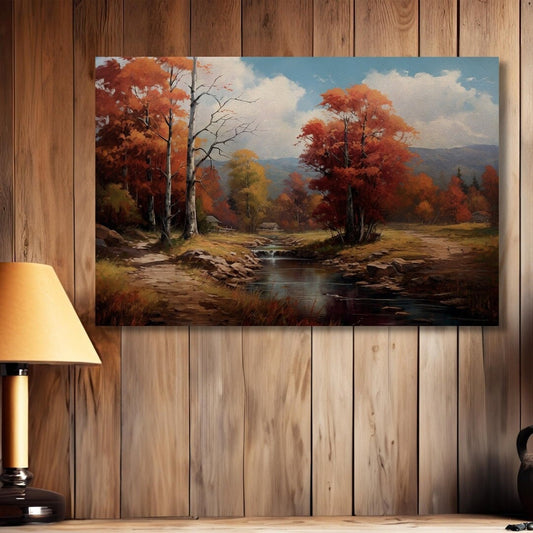 beautiful fall day with lush trees, a creek, and a vast mountain view in the back on canvas