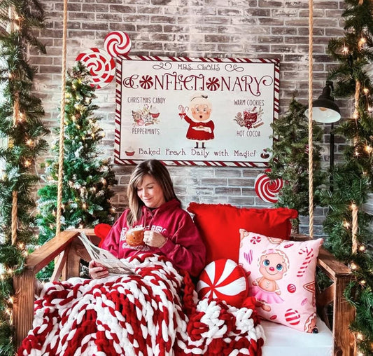 Holiday Decor, Mrs Claus Confectionary, Canvas Wall Art, Vintage Christmas Signs, Christmas Candy Decor, Christmas Art, Peppermint Sign
