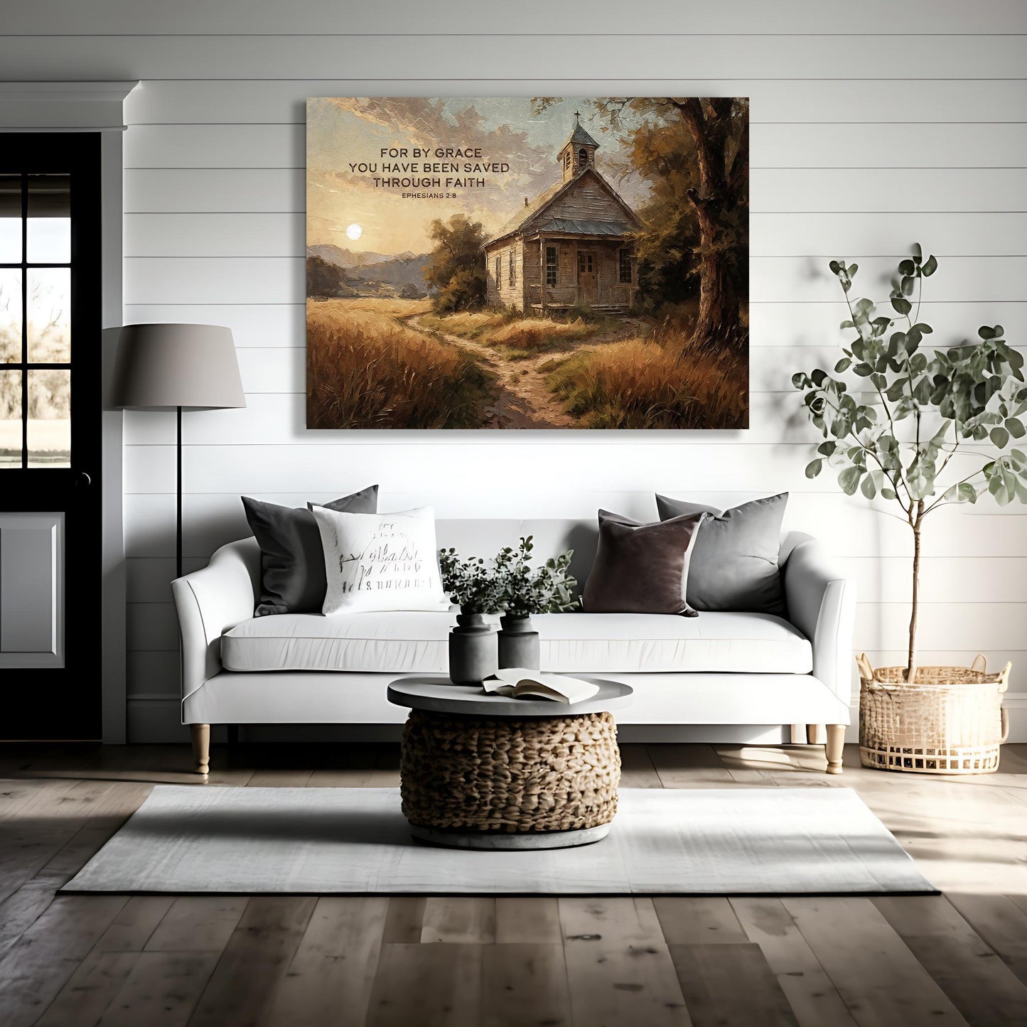 Christian Canvas Wall Art, Ephesians 2:8 Bible Verse, Country Church at Sunrise, Christian Gifts, Scripture Decor, Religious Gift