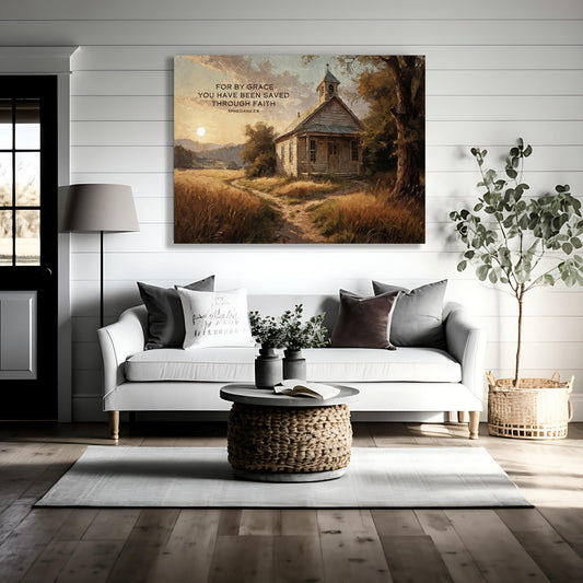 Christian Canvas Wall Art, Ephesians 2:8 Bible Verse, Country Church at Sunrise, Christian Gifts, Scripture Decor, Religious Gift