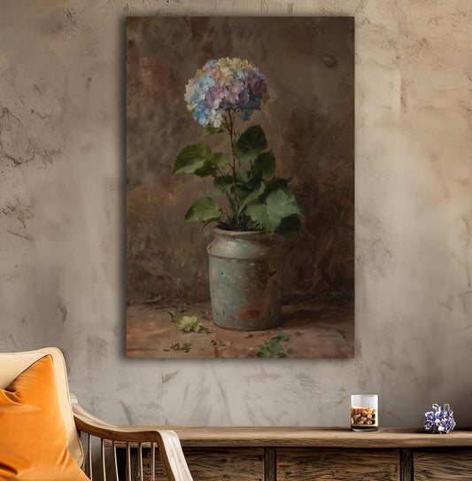 Hydrangeas in a Vase Canvas Wall Art: Rustic Botanical Painting