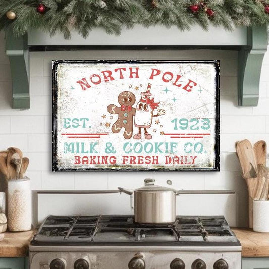 Milk & Cookie Co, Christmas Kitchen Sign, Retro Christmas Decor, Large Canvas Signs, Vintage Winter Wall Art, North Pole Milk And Cookie Co