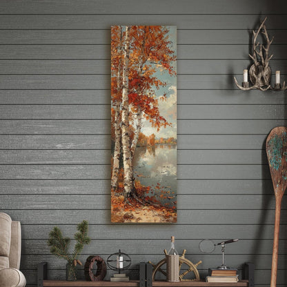 vertical canvas landscape art of a river birch tree in the fall on the edge of a lake
