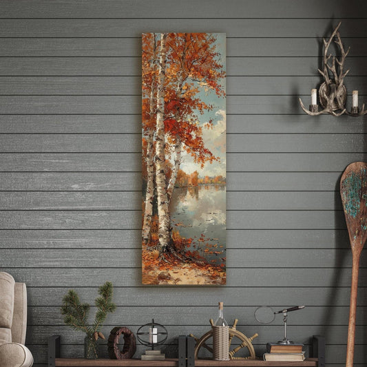 vertical canvas landscape art of a river birch tree in the fall on the edge of a lake