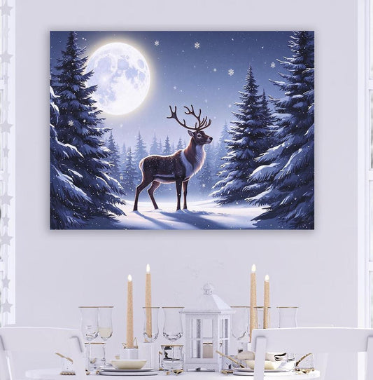 majestic deer standing in a snow covered clearing in the moonlight on canvas