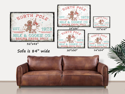 Milk & Cookie Co, Christmas Kitchen Sign, Retro Christmas Decor, Large Canvas Signs, Vintage Winter Wall Art, North Pole Milk And Cookie Co