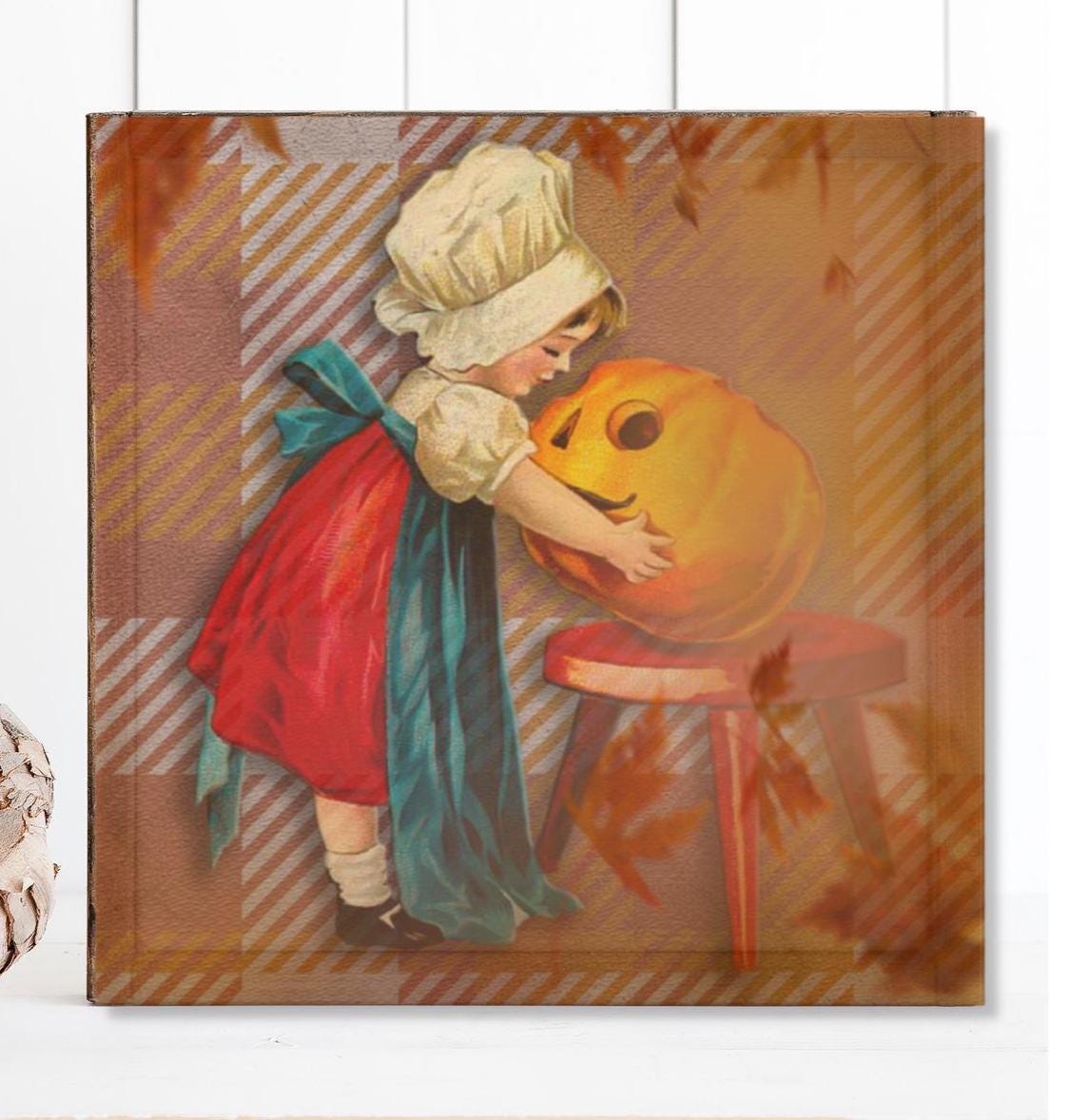 Vintage Halloween Sign, Little Girl With Jack O Lantern, Canvas Art, Modern Farmhouse, Halloween Decor, Antique Fall Art, Vintage Style Sign