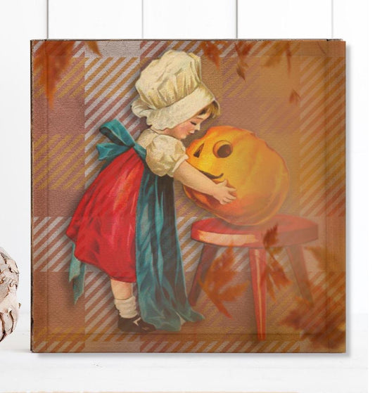 Vintage Halloween Sign, Little Girl With Jack O Lantern, Canvas Art, Modern Farmhouse, Halloween Decor, Antique Fall Art, Vintage Style Sign