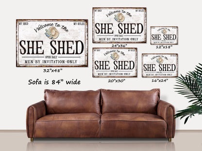 She Shed Sign, Canvas Wall Art, Vintage Decor, Rustic Decor, Faux Metal Sign, Vintage Farmhouse Decor, Shed Rules, Best Friend Gift,