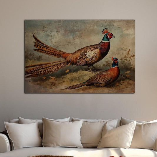 vintage canvas art of two pheasants in a clearing on a fall day