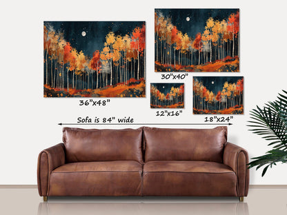 Fall Art, Autumn Forest Moon Canvas Wall Art, Night Sky Landscape, Fall Foliage Art, Fall Decor, Full Moon Painting, Woodland Scene