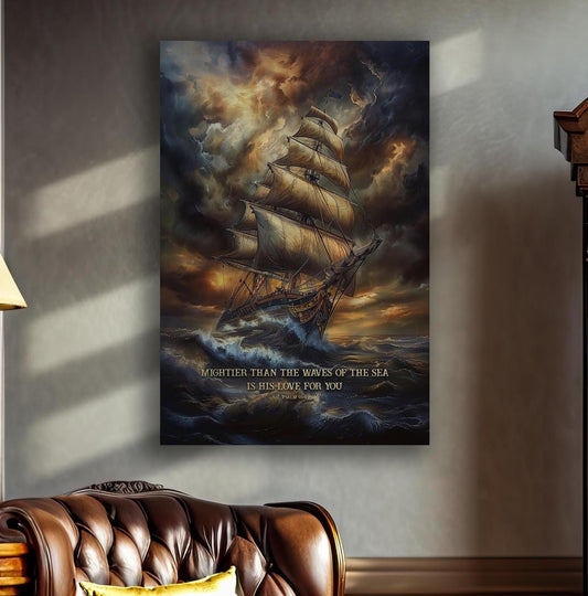 Mightier than the waves of the sea is His love for you Psalm 93:4 canvas wall art