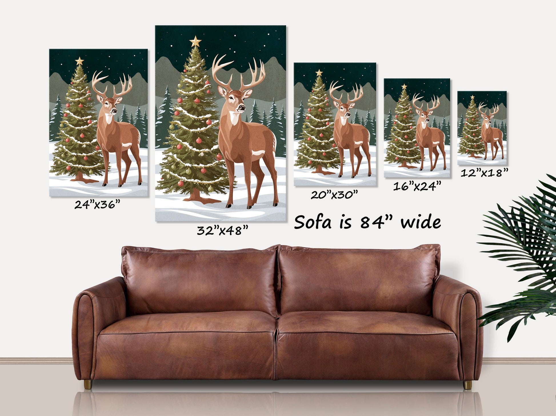 Christmas Deer Canvas Wall Art Holiday Decor, Winter Wildlife, Festive Buck Snow Painting, Holiday Forest Scene, Christmas Tree and Deer