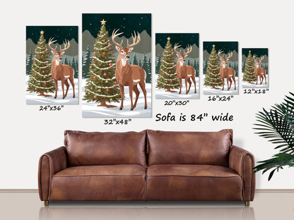 Christmas Deer Canvas Wall Art Holiday Decor, Winter Wildlife, Festive Buck Snow Painting, Holiday Forest Scene, Christmas Tree and Deer