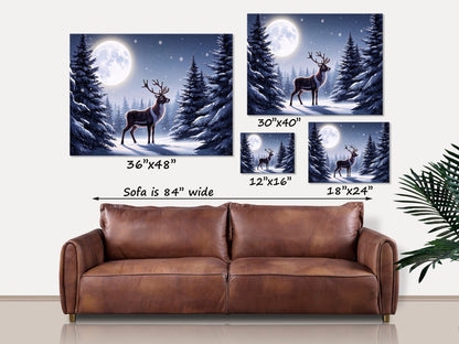 Reindeer in the Moonlight, Snowy Winter Canvas Wall Art, Holiday Decor, Vintage Holiday Signs, Vintage Winter Decor, Christmas Art Prints