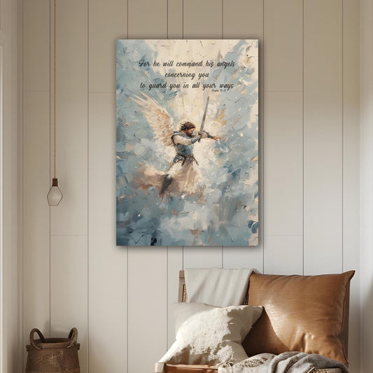 Psalm 91 Angel Canvas Art, Christian Wall Art, Christian Gifts, Divine Protection Art, Guardian Angel Sword Painting, Christian Home Decor