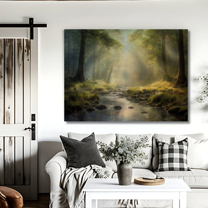 May include: A painting of a forest scene with a stream running through it. The stream is surrounded by green trees and foliage. The sun is shining through the trees, creating a warm, inviting atmosphere. The painting is done in a painterly style, with soft, muted colors. The painting is framed and hanging on a white wall. The painting is above a white couch with pillows and a throw blanket. A vase with a plant is on a white coffee table in front of the couch.