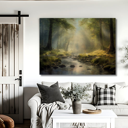May include: A painting of a forest scene with a stream running through it. The stream is surrounded by green trees and foliage. The sun is shining through the trees, creating a warm, inviting atmosphere. The painting is done in a painterly style, with soft, muted colors. The painting is framed and hanging on a white wall. The painting is above a white couch with pillows and a throw blanket. A vase with a plant is on a white coffee table in front of the couch.