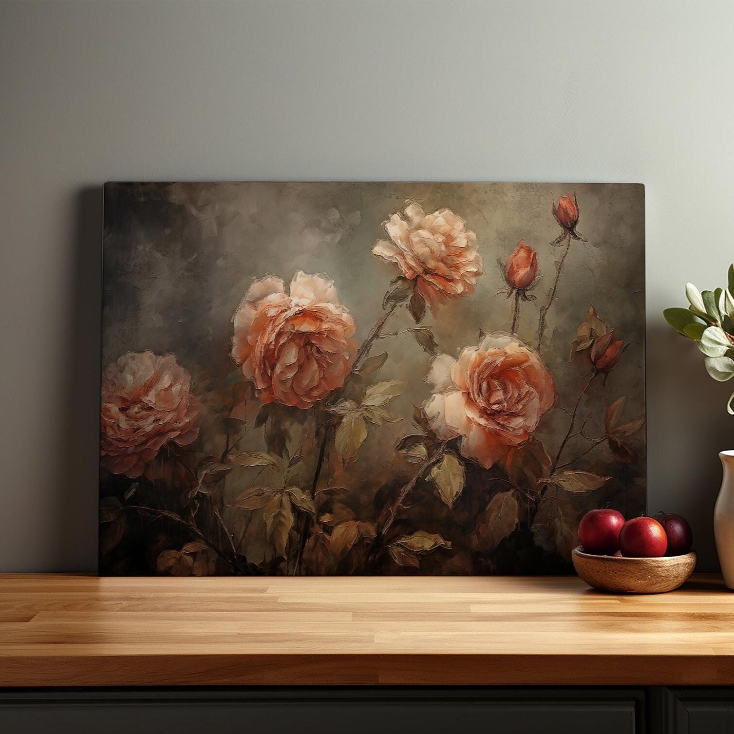 Canvas wall art designed to look like a vintage painting of wild roses