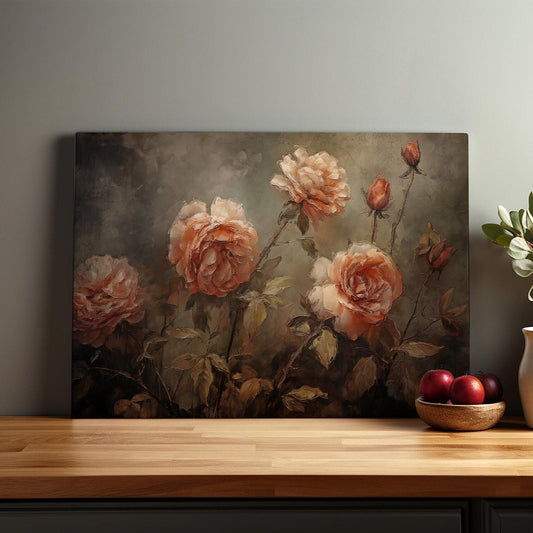 Canvas wall art designed to look like a vintage painting of wild roses