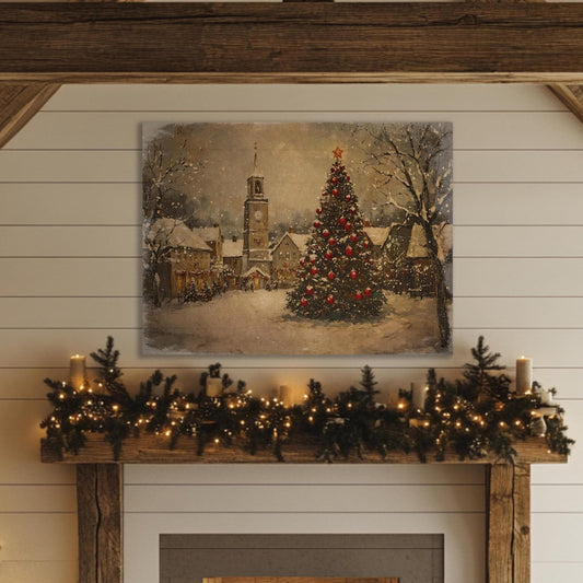 Vintage Holiday Town Square Canvas Art, Snowy Church Scene, Rustic Farmhouse Christmas Décor, Winter Mantel Artwork, Small Town Christmas