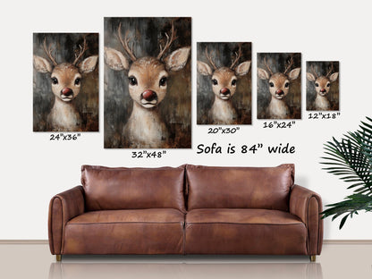 Christmas Sign, Rustic Red-nosed Reindeer Canvas Wall Art, Holiday Decor, Woodland Decor, Winter Deer Sign, Christmas Signs