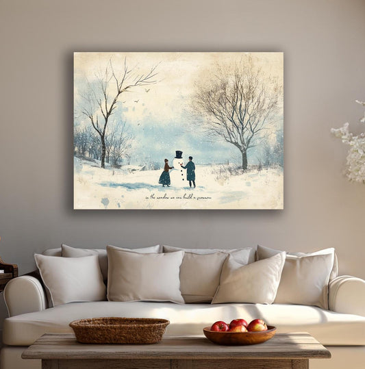 May include: A watercolor painting of a couple building a snowman in a snowy winter scene. The couple is dressed in winter clothing and the snowman is wearing a black top hat. The text &#39;in the wonder we can build a snowman&#39; is at the bottom of the painting.