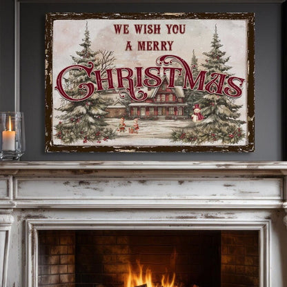 May include: A vintage-style Christmas sign with a white background and brown border. The sign features a red and white Christmas tree with the words &#39;We Wish You A Merry Christmas&#39; in red lettering. The sign also features a small house with a snowman in front of it.