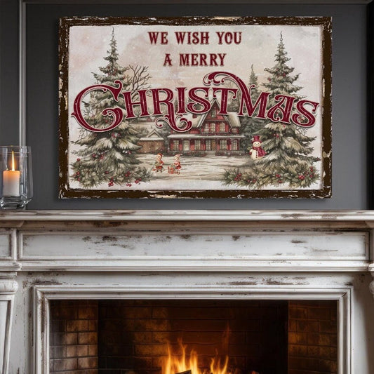 May include: A vintage-style Christmas sign with a white background and brown border. The sign features a red and white Christmas tree with the words &#39;We Wish You A Merry Christmas&#39; in red lettering. The sign also features a small house with a snowman in front of it.