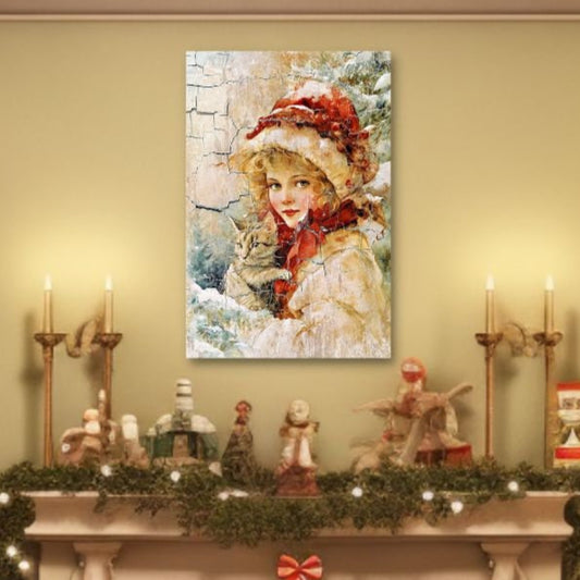 May include: A fireplace with a lit fire and a Christmas tree decorated with red and gold ornaments. A painting of a girl in a red hat and a white coat holding a cat is hanging above the fireplace. The fireplace is decorated with a garland of greenery and lights. There are presents wrapped in red and green paper under the tree.