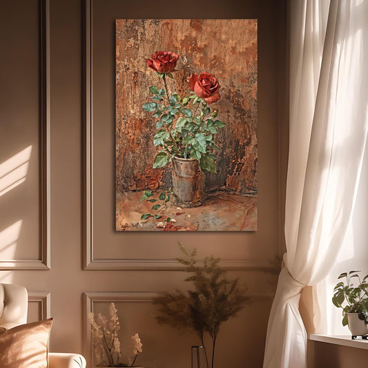 May include: A painting of two red roses in a metal pot. The roses are in bloom and have green leaves. The background is a textured brown color.